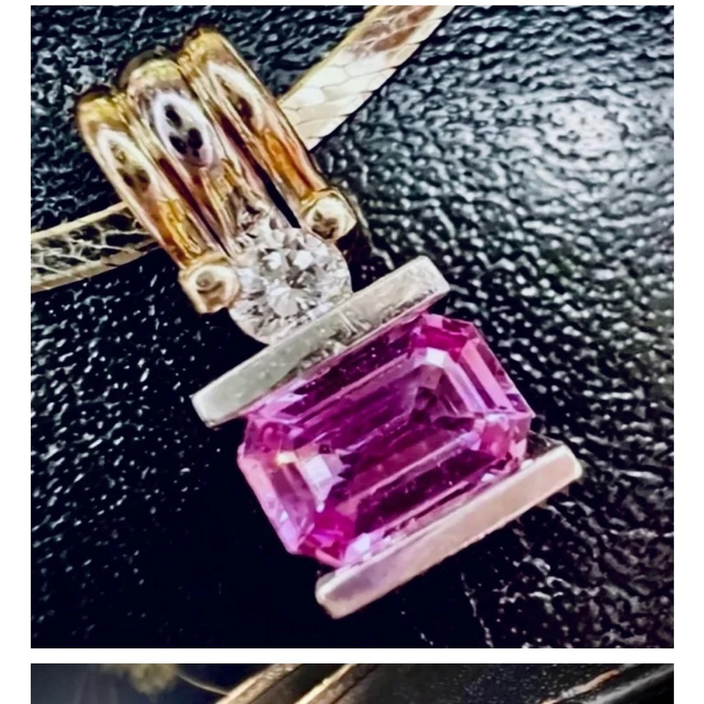 Pink sapphire, two tone, 14 karat gold modernist, diamond pendant